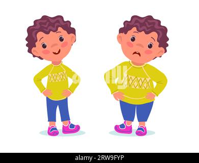 Thin and fat boy. Happy slim kid. Upset obese child. Body adiposity. Weight loss. Lifestyle change. Diet or fitness workout. Standing skinny guy Stock Vector