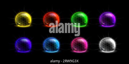 Neon color dome shields set isolated on black background. Vector realistic illustration of glowing 3D spheres with mesh surface, communication technology, data protection system, barrier effect Stock Vector