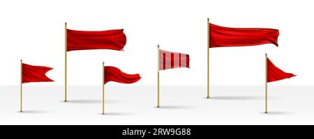 Set of red silk flags on golden poles isolated on white background. Vector realistic illustration of triangular and rectangular fabric banners flying in wind, map marker, victory banner, start sign Stock Vector