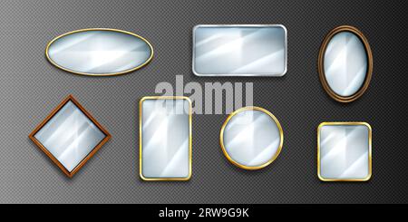 Set of 3D mirrors isolated on transparent background. Vector realistic illustration of square, round, rhombic glass with reflective surface in golden, silver, wooden frames, interior design elements Stock Vector