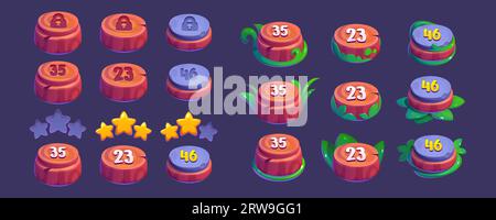 Game level progress indicator on green lawn. Vector cartoon illustration of  colorful buttons marked with numbers, closed locks and bonus golden stars  along road. Gaming user interface design element Stock Vector Image