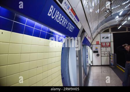 Bond street tube station has been dramatically transformed into Burberry Street Underground station to celebrate London Fashion Week. Stock Photo