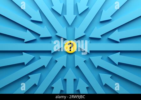 Problem, solution, confusion and counseling concept. Blue arrows pointing towards the yellow button with question mark symbol. Stock Photo