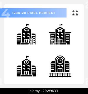 Pixel perfect black glyph style building icons Stock Vector