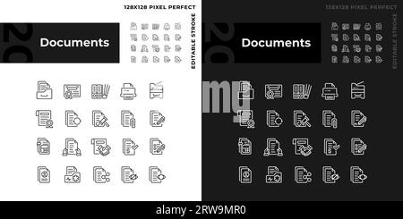 Editable pixel perfect dark and light document icons set Stock Vector