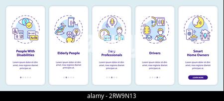 Walkthrough voice assistant with multicolor icons concept Stock Vector