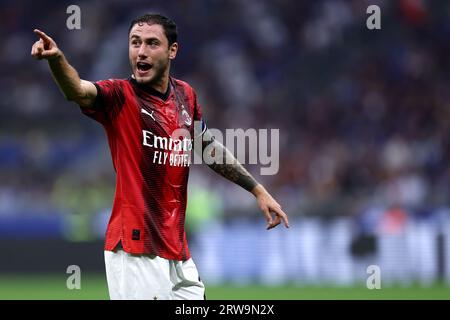 Davide Calabria of Ac Milan gestures during the Serie A football match beetween Fc Internazionale and Ac Milan at Stadio Giuseppe Meazza on September 16 2023 in Milan  Italy . Stock Photo