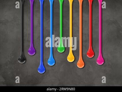 Colorful ink drops isolated on dark concrete wall. Horizontal wallpaper. 3D illustration Stock Photo