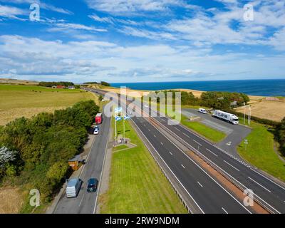 Aerial view of Anglo Scottish ( England /Scotland) border on the A1 at Lamberton in Scottish Borders, Scotland, UK Stock Photo