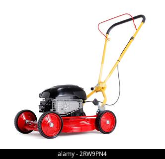 Red new retro-styled lawn mower isolated on white with natural shadow Stock Photo