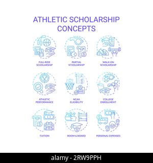 2D icons representing athletic scholarship concepts Stock Vector
