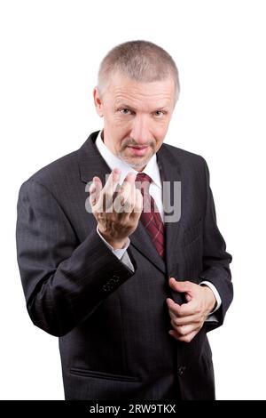 Mature man beckoning somebody with his hand. Isolated on white Stock Photo