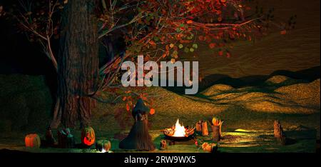 Halloween Background Witch With Pumpkins Making Fire In Spooky