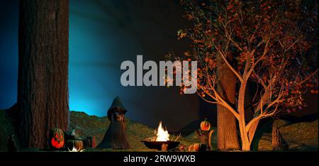 Halloween Background Witch With Pumpkins Making Fire In Spooky