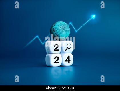 2024 new year global trends concept. 3d earth orb with digital world map placed on white block stack with 2024 year numbers with searching icon and ri Stock Photo