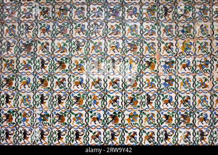 Historic tiled wall with satyrs, centaurs, goats and other mythical creatures, Real Alcazar, Seville, Spain, Andalusia region Stock Photo