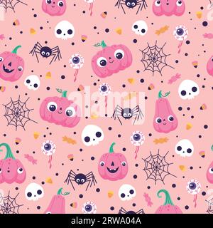 Halloween pattern with pumpkins, spiders and skulls on a pink background Stock Vector