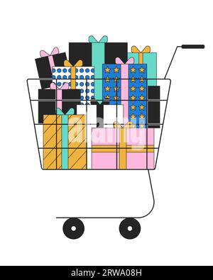 Shopping trolley with giftboxes 2D linear cartoon object Stock Vector