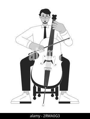 Cello musician black and white cartoon flat illustration Stock Vector