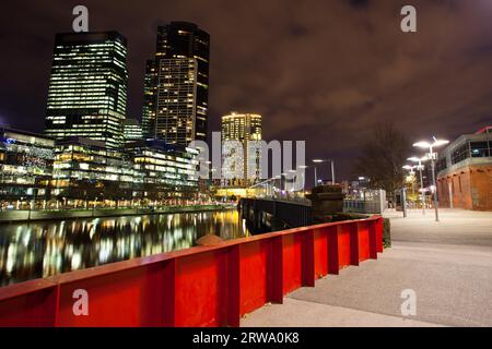 Melbourne skyline as seen at dusk from Queens Bridge near Southbank in Melbourne, Victoria, Australia Stock Photo