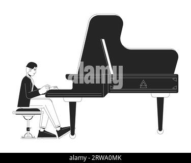 Pianist playing grand piano black and white cartoon flat illustration Stock Vector