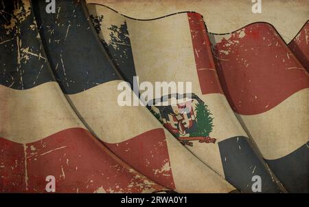 Background illustration of an old paper with a print of a waving Flag of Dominican Republic Stock Photo