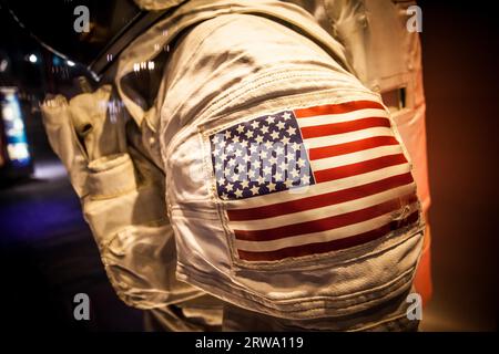 Houston, USA, January 26, 2013: American space suit for astronaut at Houston Space Center in Texas, USA Stock Photo