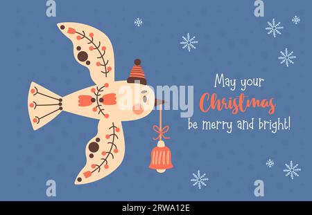 Christmas card with cute decorative bird in hat with Christmas bell toy on blue background with snowflakes and congratulations. Vector horizontal illu Stock Vector