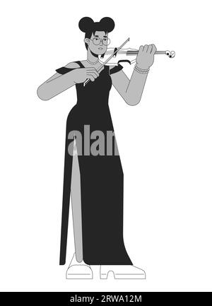Solo violinist female black and white cartoon flat illustration Stock Vector
