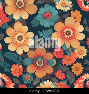 Colorful floral print background. Seamless floral pattern with bright colorful flowers pattern. Stock Vector