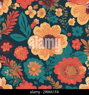 Colorful floral print background. Seamless floral pattern with bright colorful flowers pattern. Stock Vector