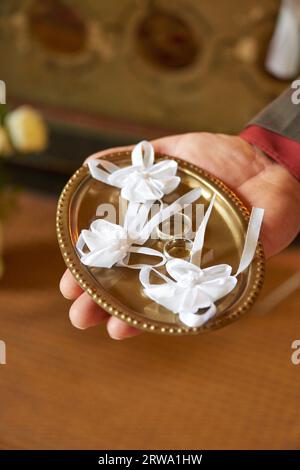 Showing wedding rings before ceremony Stock Photo