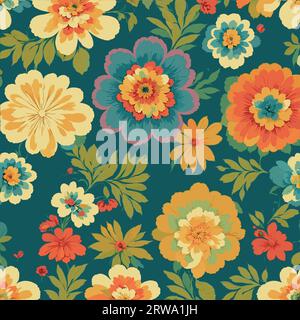 Colorful floral print background. Seamless floral pattern with bright colorful flowers pattern. Stock Vector