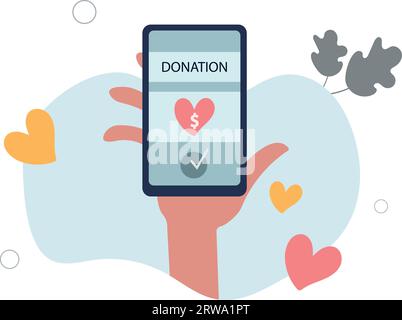 phone with donation mobile app. Person holding smartphone to donate money support, solidarity concept.flat vector illustration. Stock Vector
