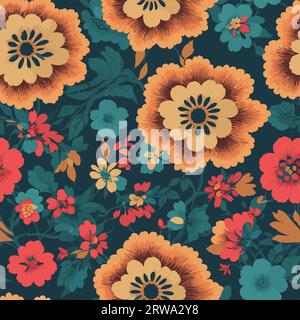 Colorful floral print background. Seamless floral pattern with bright colorful flowers pattern. Stock Vector