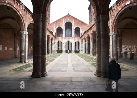 The atrium, the narthex, the Campanile dei Canonici and the Campanile dei Monaci of the important early Christian Romanesque basilica of Sant? Stock Photo