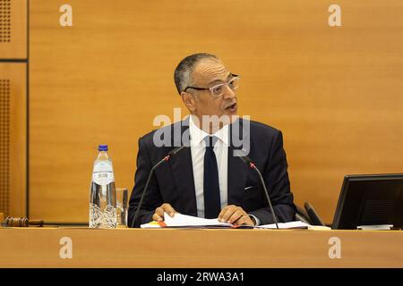 Brussels, Belgium. 18th Sep, 2023. Brussels' parliament Chairman Rachid Madrane pictured during a plenary session of the parliament of the Brussels-Capital Region in Brussels, Monday 18 September 2023. BELGA PHOTO JAMES ARTHUR GEKIERE Credit: Belga News Agency/Alamy Live News Stock Photo