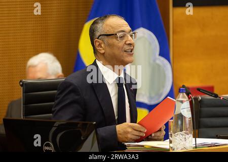 Brussels, Belgium. 18th Sep, 2023. Brussels' parliament Chairman Rachid Madrane pictured during a plenary session of the parliament of the Brussels-Capital Region in Brussels, Monday 18 September 2023. BELGA PHOTO JAMES ARTHUR GEKIERE Credit: Belga News Agency/Alamy Live News Stock Photo