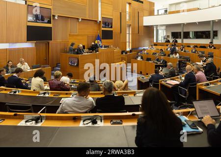 Brussels, Belgium. 18th Sep, 2023. Illustration picture shows a plenary session of the parliament of the Brussels-Capital Region in Brussels, Monday 18 September 2023. BELGA PHOTO JAMES ARTHUR GEKIERE Credit: Belga News Agency/Alamy Live News Stock Photo