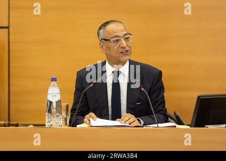 Brussels, Belgium. 18th Sep, 2023. Brussels' parliament Chairman Rachid Madrane pictured during a plenary session of the parliament of the Brussels-Capital Region in Brussels, Monday 18 September 2023. BELGA PHOTO JAMES ARTHUR GEKIERE Credit: Belga News Agency/Alamy Live News Stock Photo