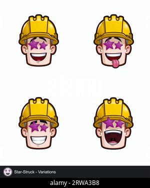 Icon set of a construction worker face with Star Struck emotional expression variations. All elements neatly on well described layers and groups. Stock Vector