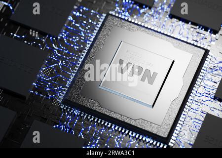 Freedom of speech with VPN. VPN network security, internet privacy encryption concept. VPN inscription on abstract processor. Virtual private network. Stock Photo