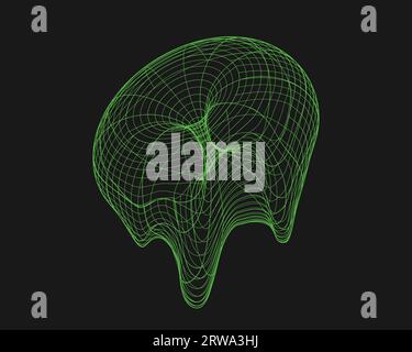 Cyber distorted shape, retro punk design element. Wireframe wave geometry shape on black background. Vector illustration Stock Vector