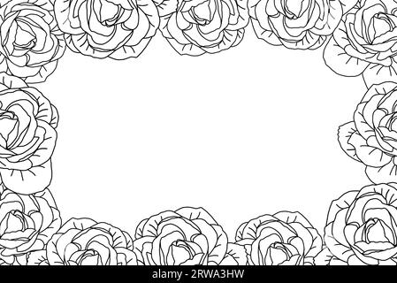 Luxury roses botanical frame on white background vector. Elegant line art wallpaper roses flowers head in hand drawn. Cute girly blossom frame design Stock Vector