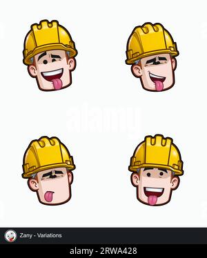 Icon set of a construction worker face with Zany emotional expression variations. All elements neatly on well described layers and groups. Stock Vector