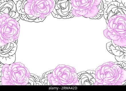 Luxury roses botanical frame on white background vector. Elegant line art wallpaper roses flowers head in hand drawn. Cute girly pink blossom frame de Stock Vector