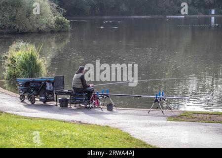 UK, Weather, Northampton,18th September 2023. Over night rain clearing for fishermen who started early morning  on Abington Park lake,  patches of sunshine showing occasionally with more rain forecast for later today. Credit: Keith J Smith/Alamy Live News Stock Photo