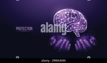 Two human hands are holds human brain. Support healthy brain concept. Wireframe glowing low poly design on dark background. Abstract futuristic vector Stock Vector