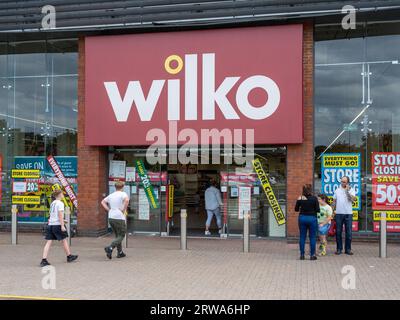 Wilko homeware store, Riverside Retail Park, Northampton, UK; in administration with store closing sale signs. Stock Photo
