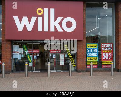 Wilko homeware store, Riverside Retail Park, Northampton, UK; in administration with store closing sale signs. Stock Photo